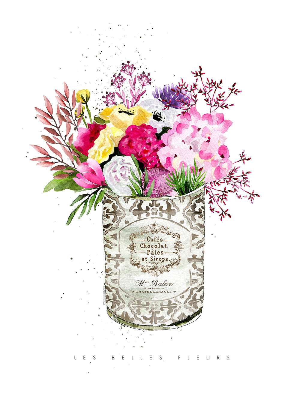 Botanisk plakat i vintage dåse med akvarelblomster