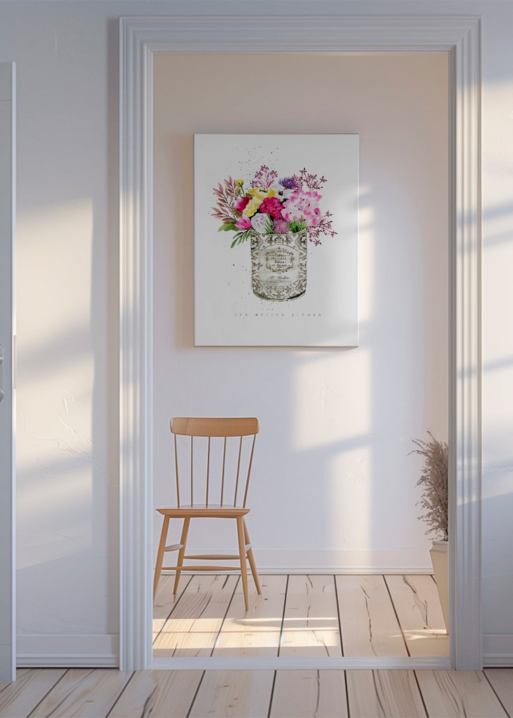 Botanisk plakat i vintage dåse med akvarelblomster