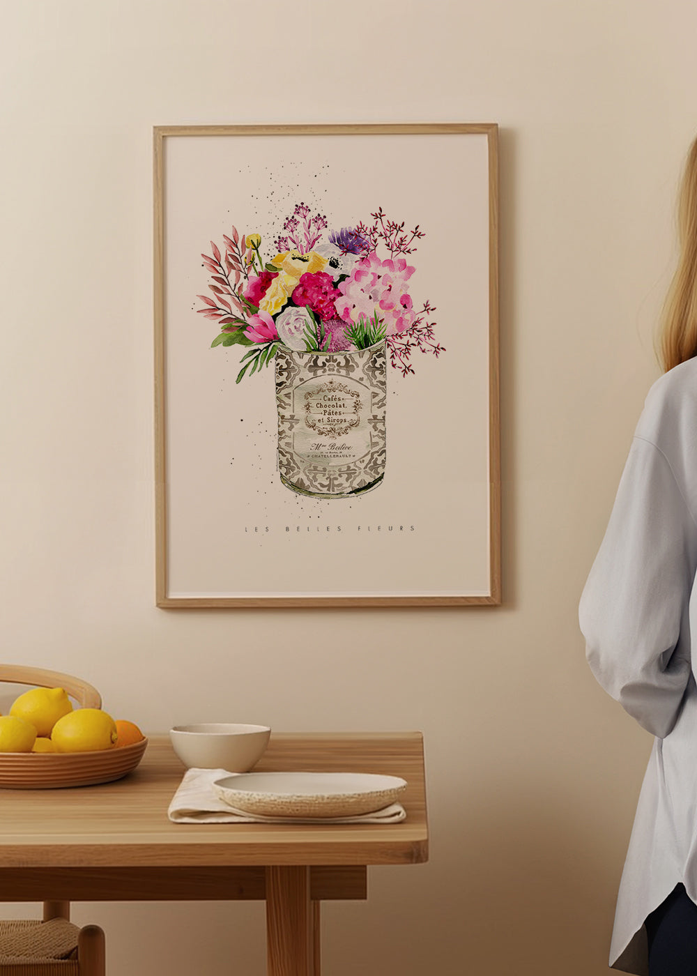 Botanisk plakat i vintage dåse med akvarelblomster