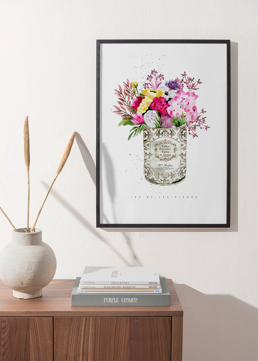 Botanisk plakat i vintage dåse med akvarelblomster