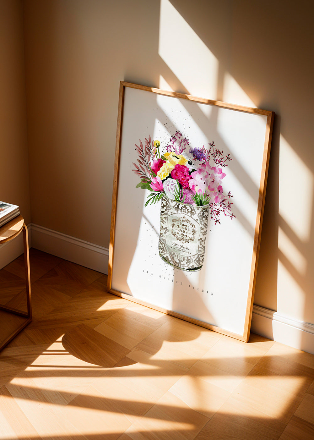 Botanisk plakat i vintage dåse med akvarelblomster