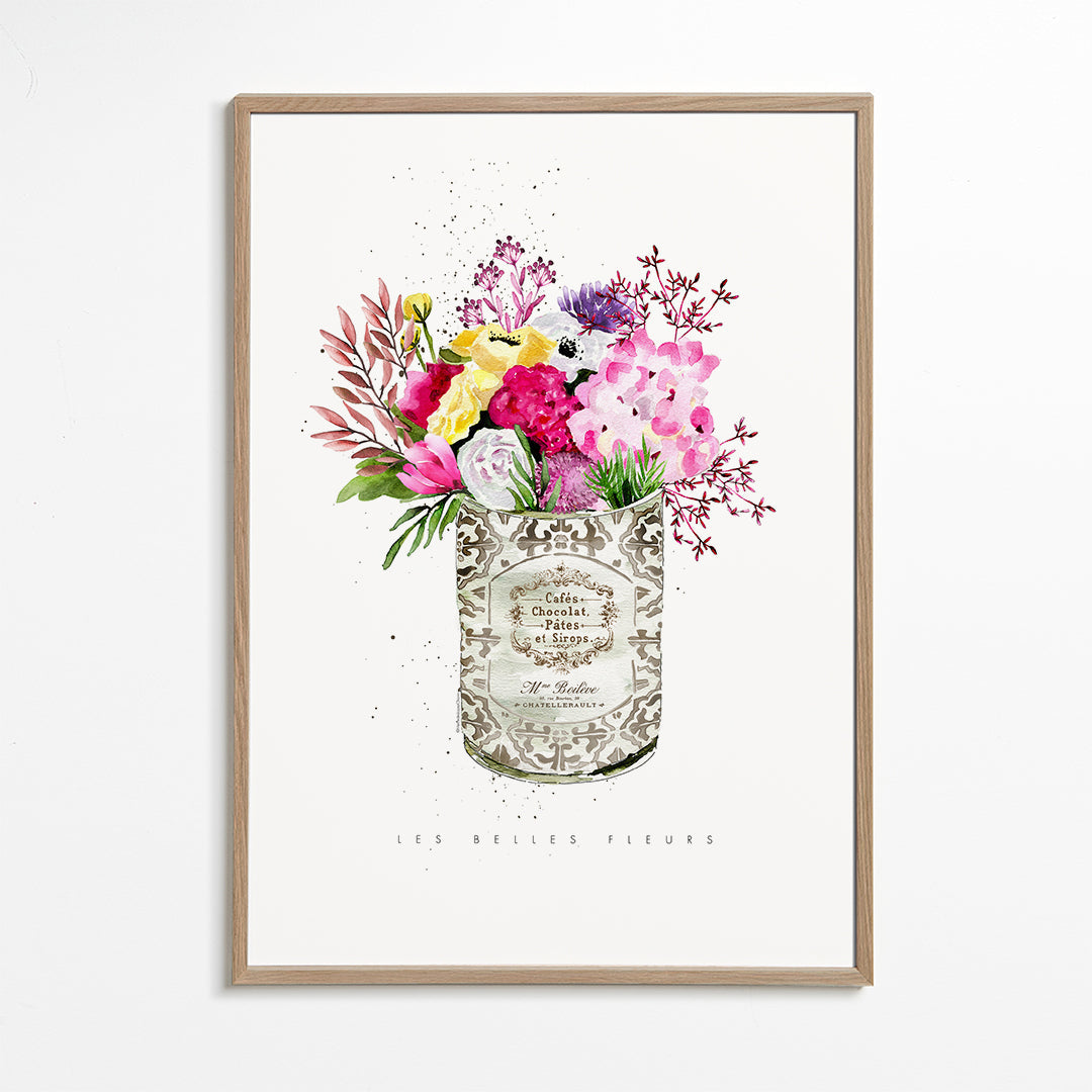 Botanisk plakat i vintage dåse med akvarelblomster