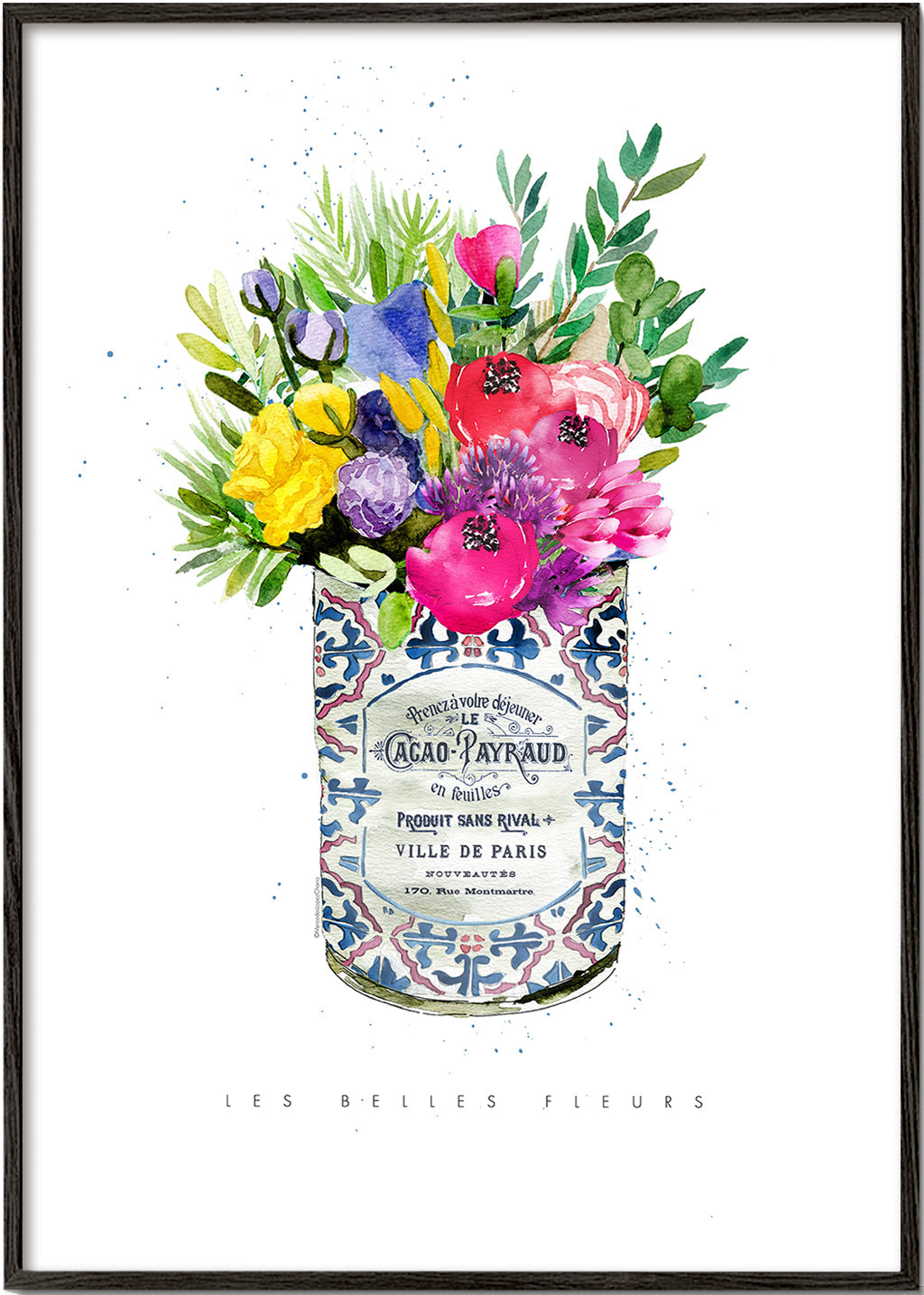 Botanisk plakat i vintage dåse med akvarelblomster