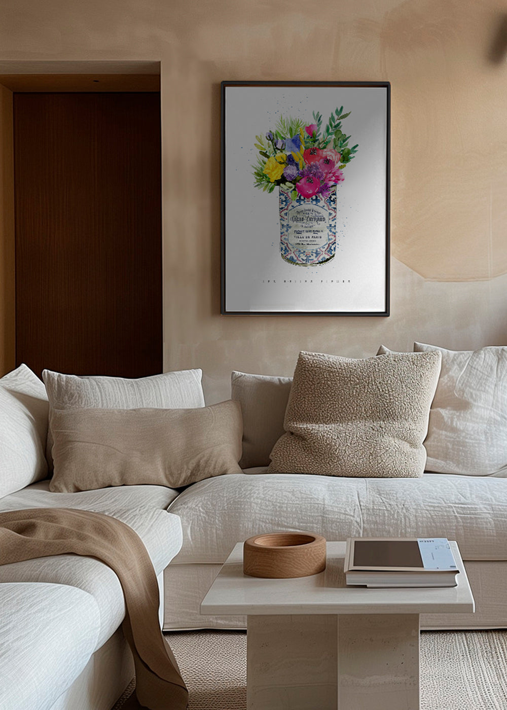 Botanisk plakat i vintage dåse med akvarelblomster