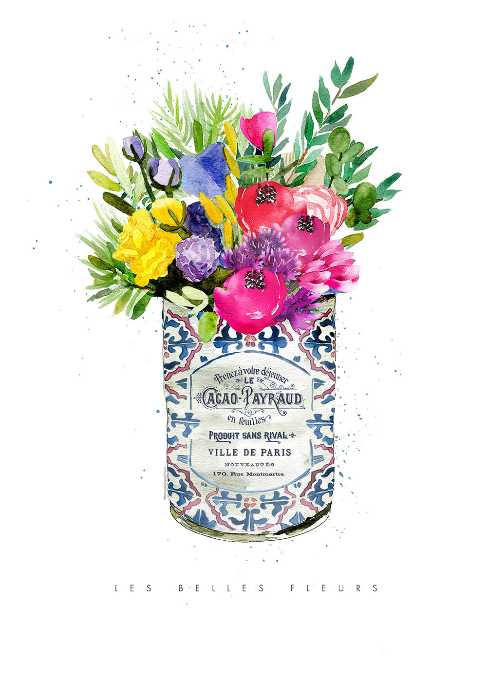 Botanisk plakat i vintage dåse med akvarelblomster