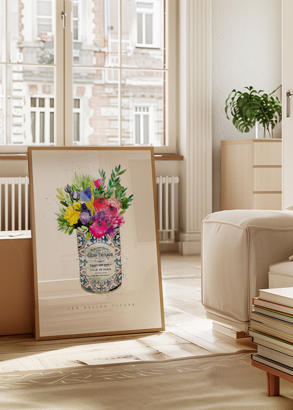 Botanisk plakat i vintage dåse med akvarelblomster