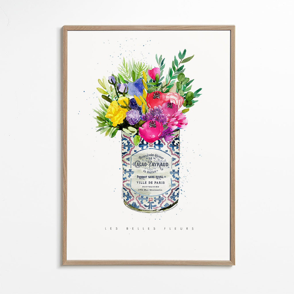 Botanisk plakat i vintage dåse med akvarelblomster
