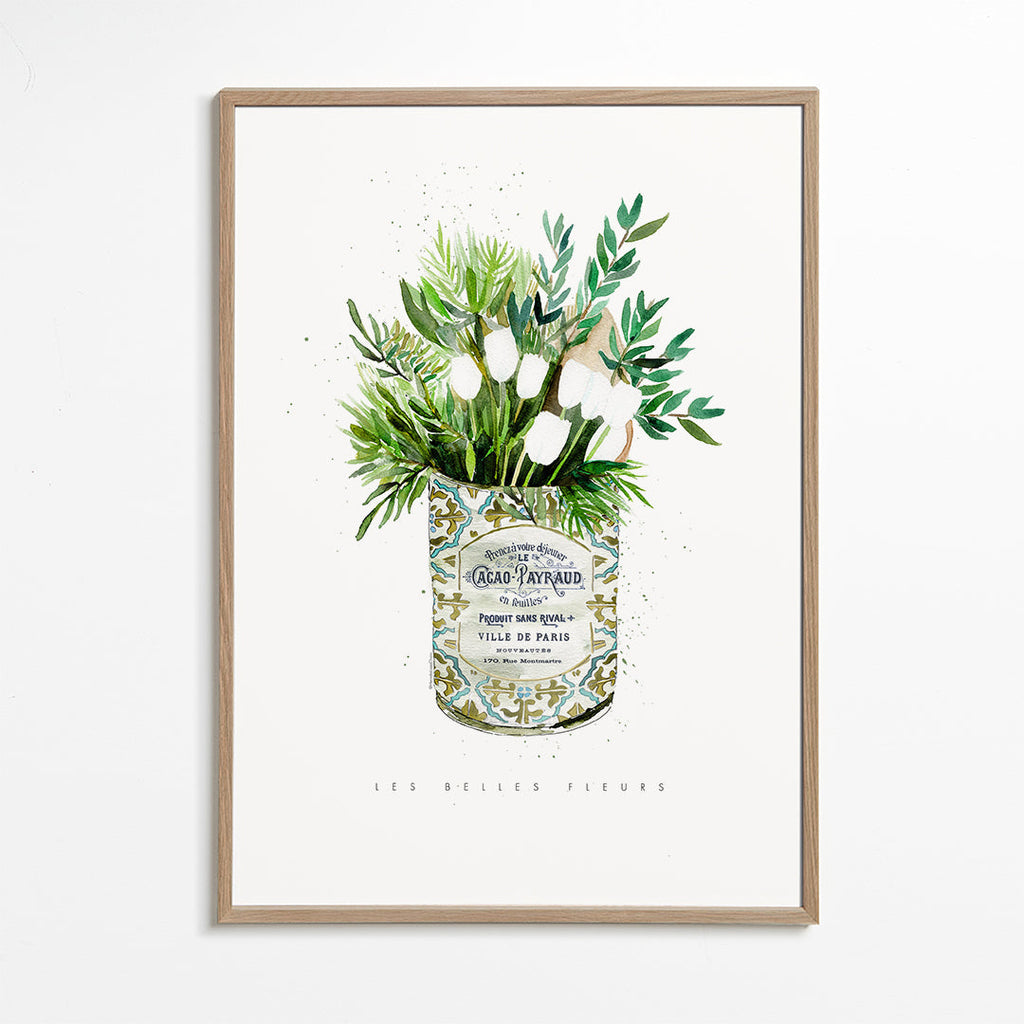 Botanisk plakat hvide tulipaner i vintage dåse