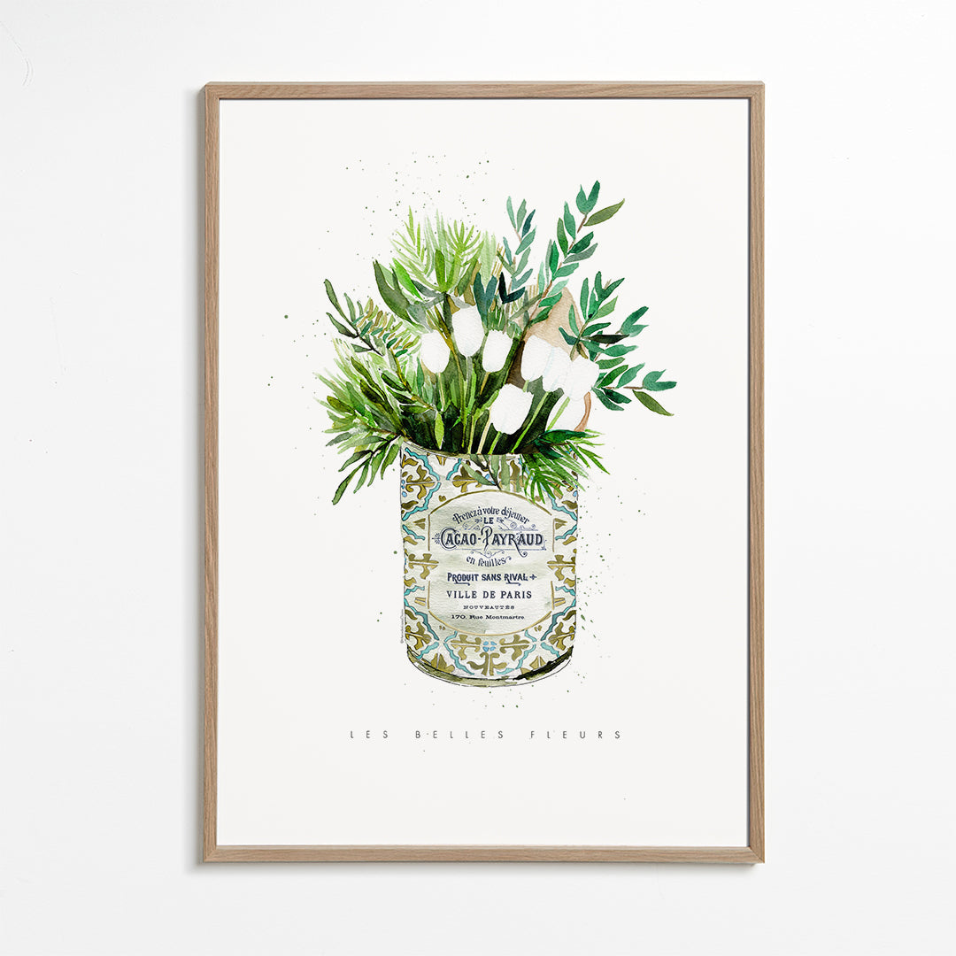Botanisk plakat hvide tulipaner i vintage dåse