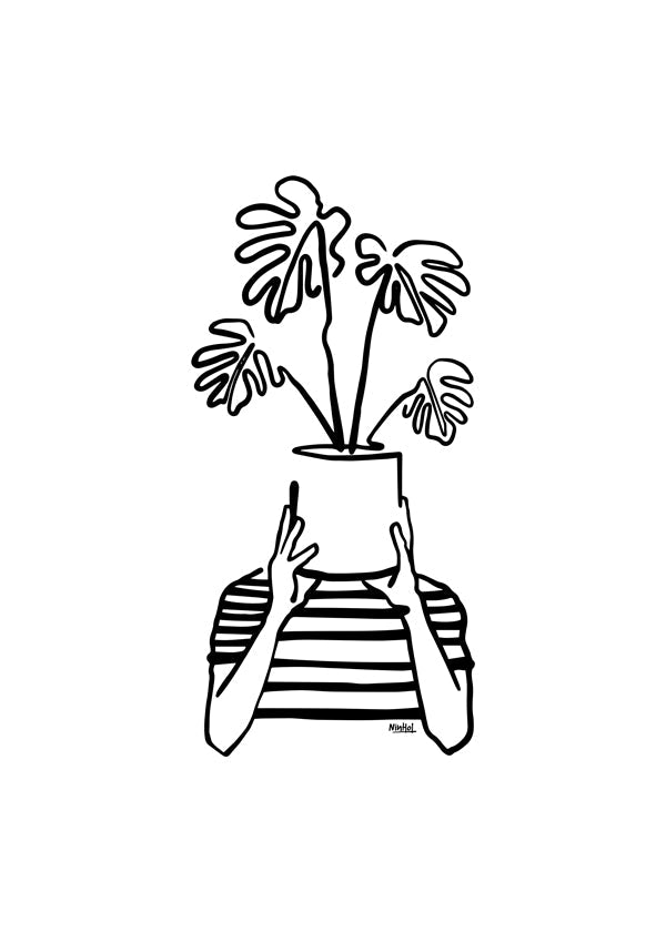 Botanisk plakat med potte foran ansigtet