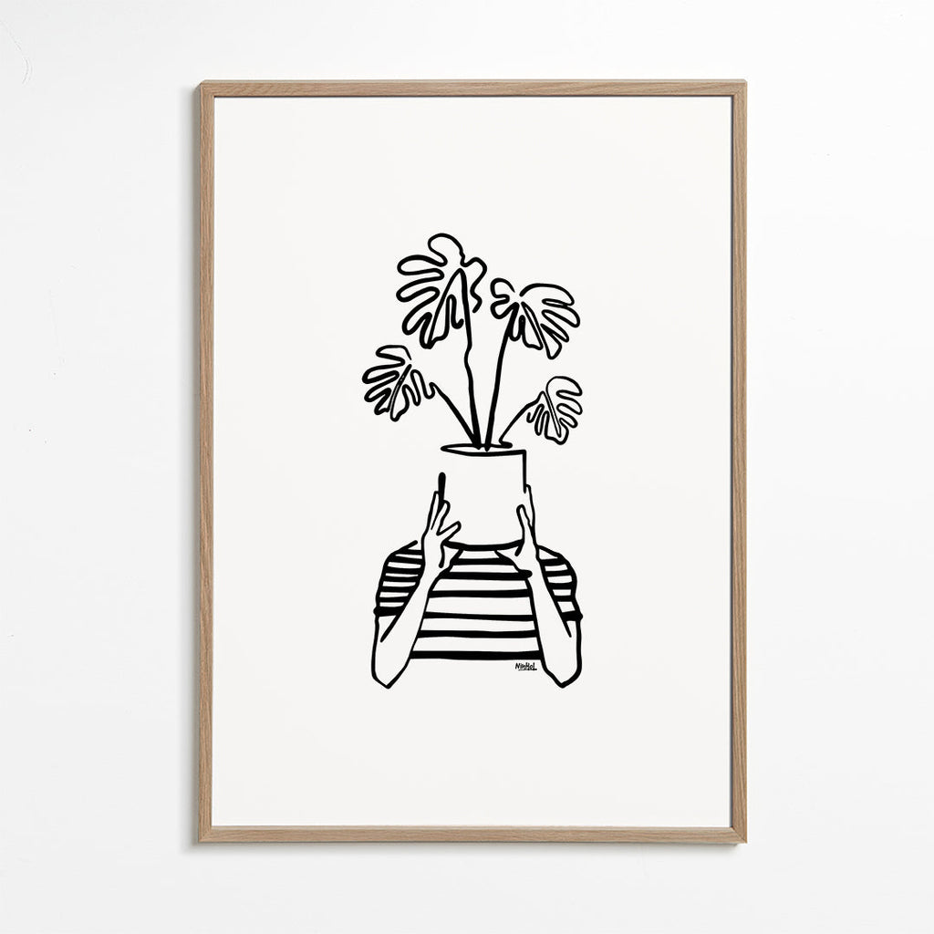 Botanisk plakat med potte foran ansigtet