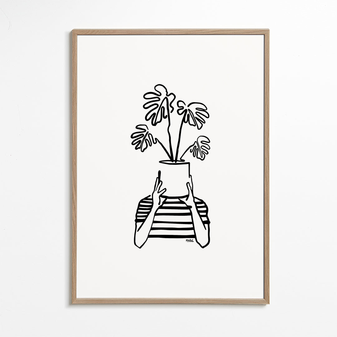 Botanisk plakat med potte foran ansigtet