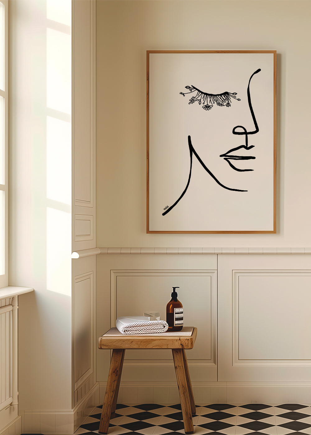 Minimal ansigtillustration med blomstervippe