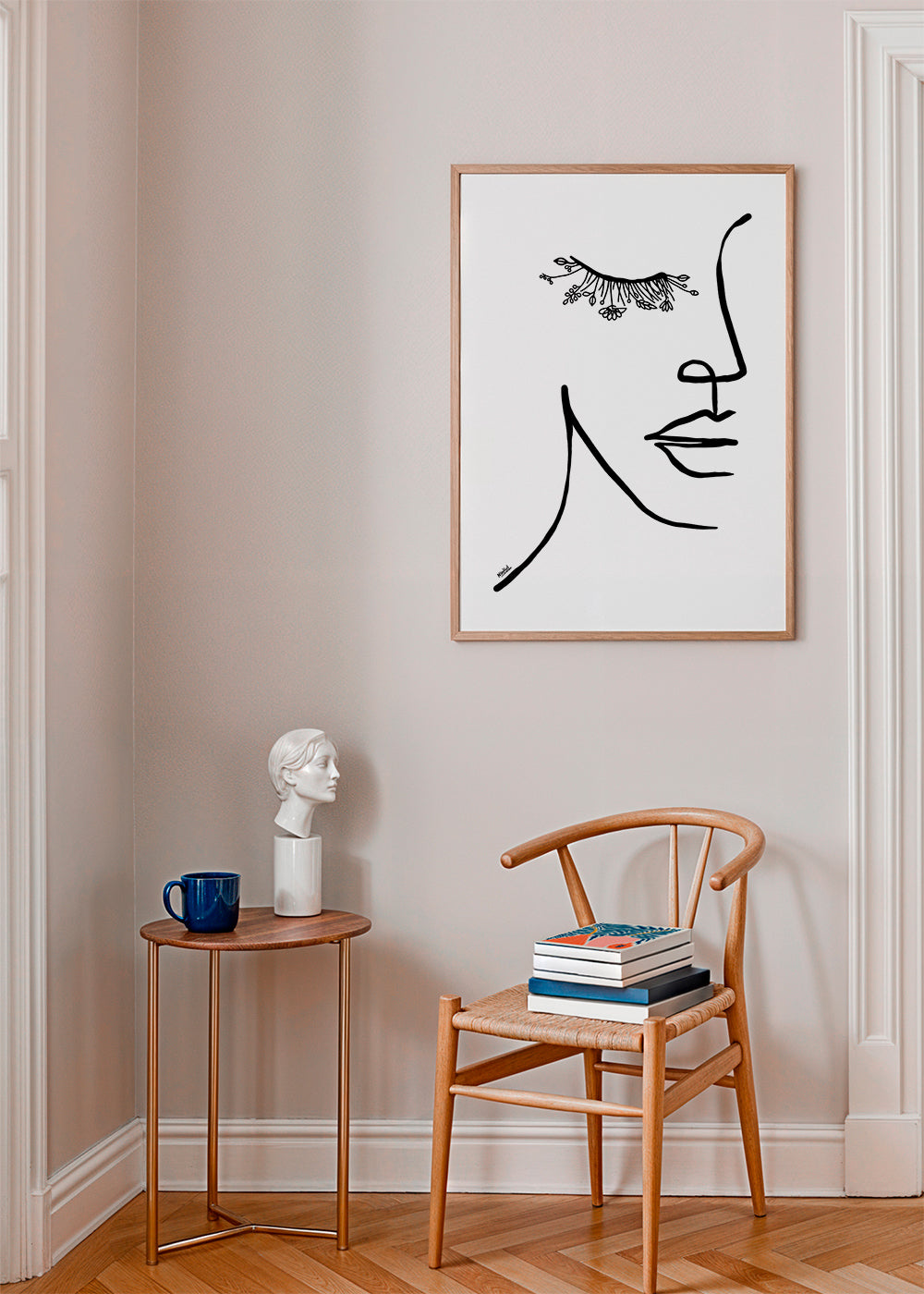 Minimal ansigtillustration med blomstervippe