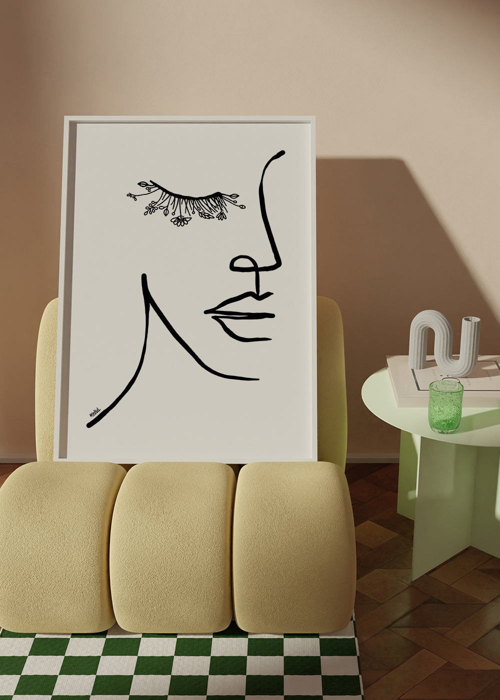 Minimal ansigtillustration med blomstervippe