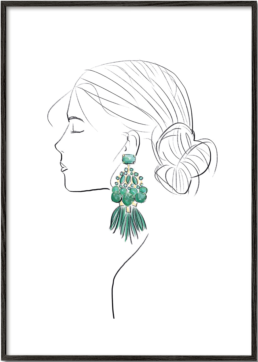 Illustration profil af kvinde med grønne øreringe