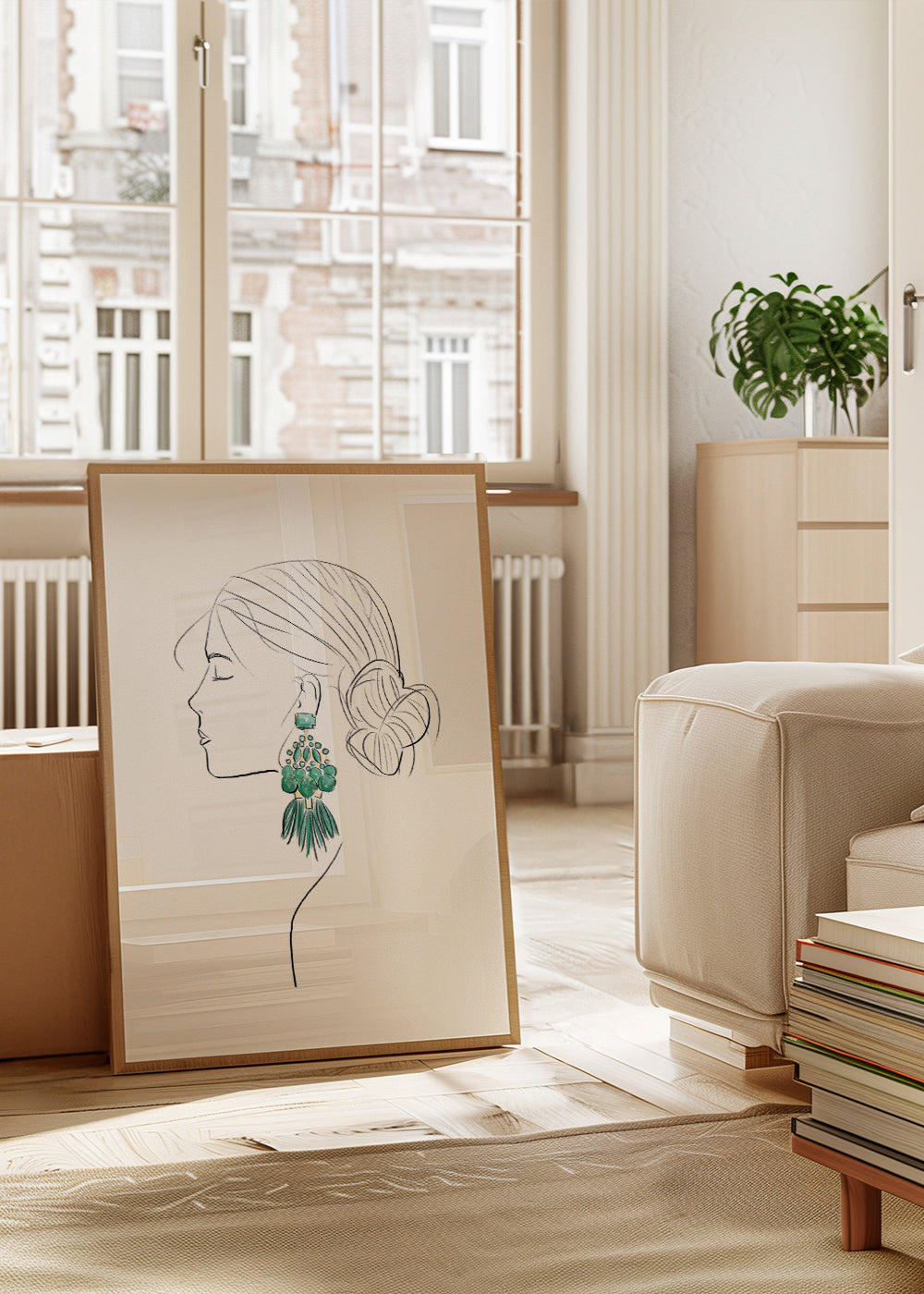 Illustration profil af kvinde med grønne øreringe
