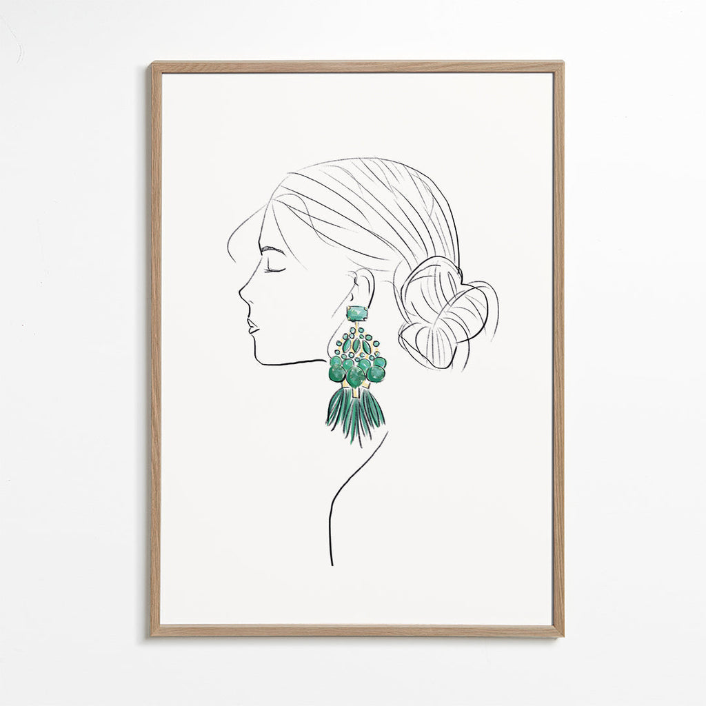 Illustration profil af kvinde med grønne øreringe