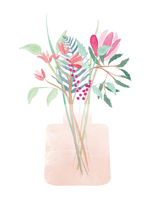 Botanisk plakat med buket i rosa vase