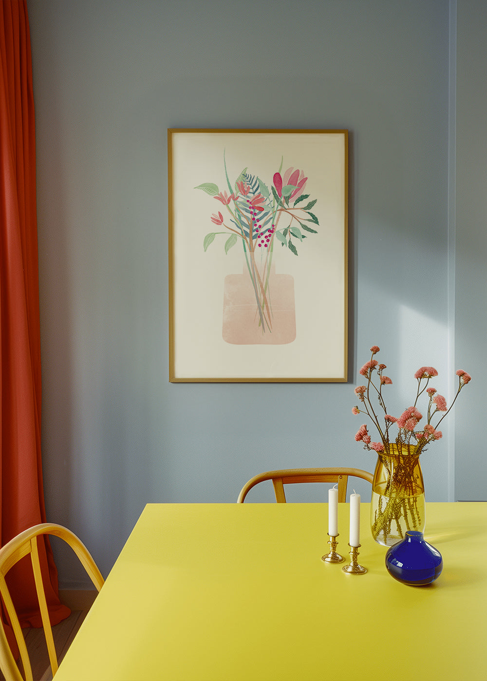 Botanisk plakat med buket i rosa vase