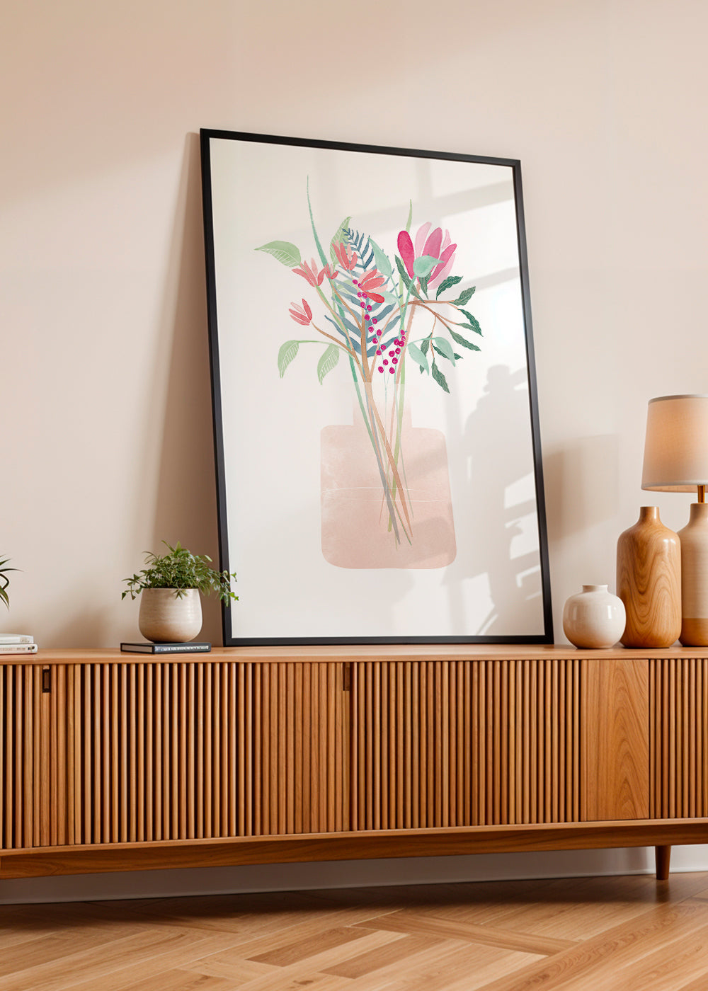 Botanisk plakat med buket i rosa vase