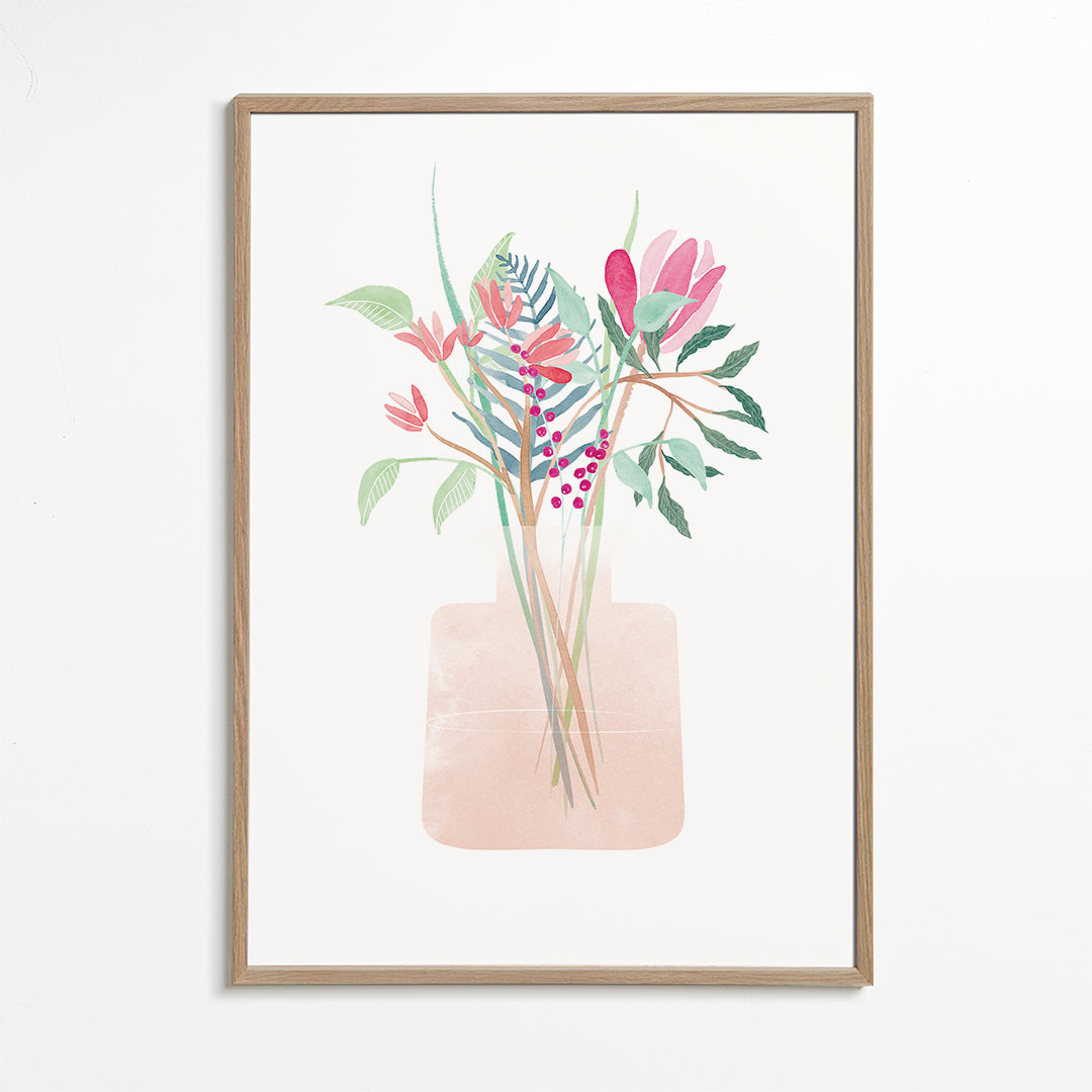 Botanisk plakat med buket i rosa vase
