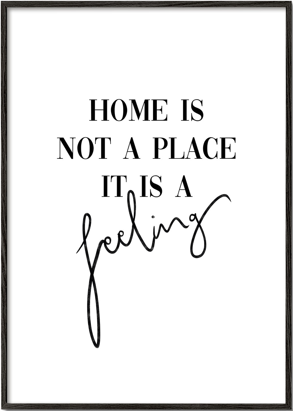 Sort-hvid typografisk citat "Home is a feeling"