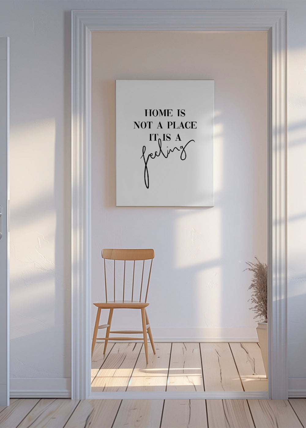 Sort-hvid typografisk citat "Home is a feeling"
