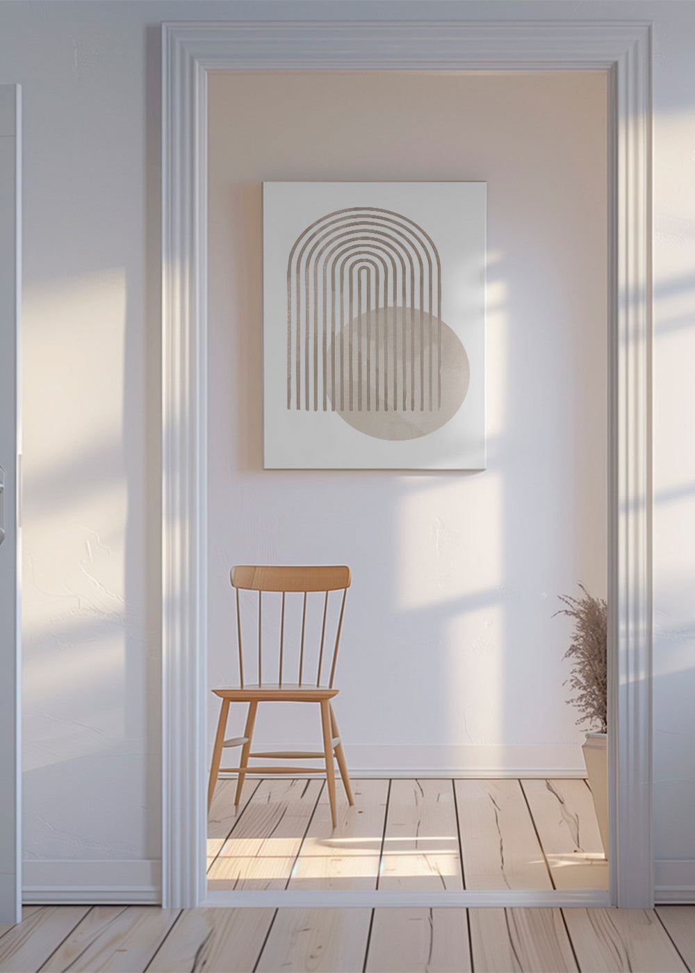 Geometrisk plakat med beige bue og cirkel