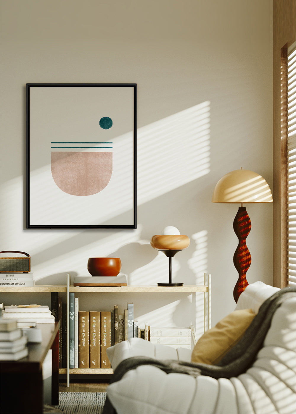 Geometrisk plakat halvcirkel med teal prik