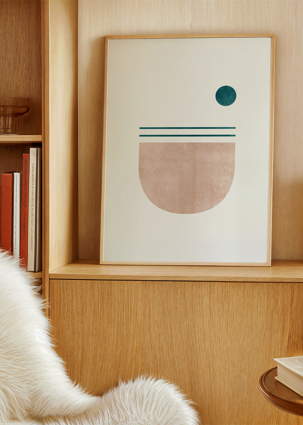 Geometrisk plakat halvcirkel med teal prik