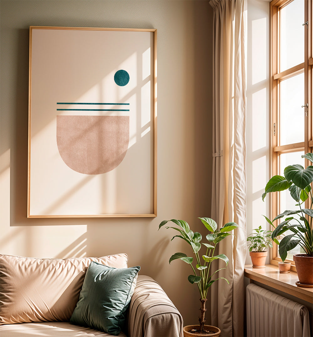 Geometrisk plakat halvcirkel med teal prik