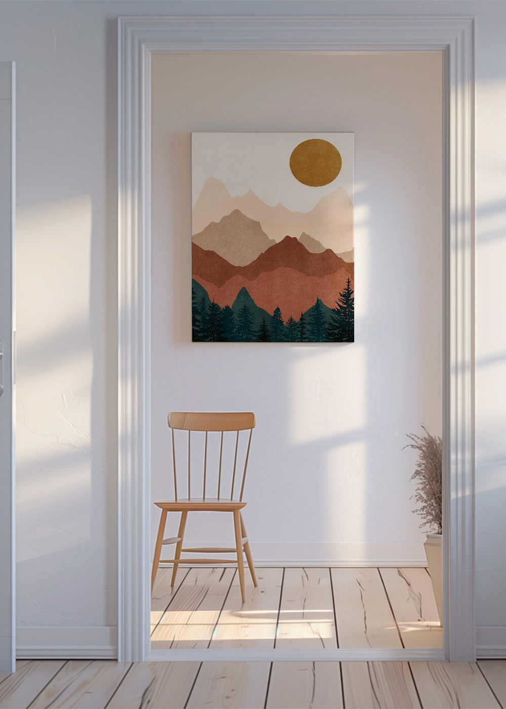 Landskab med lagdelte bjergsilhuetter