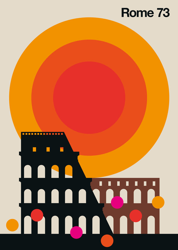 Rejseplakat Rome 73, Colosseum grafisk retro