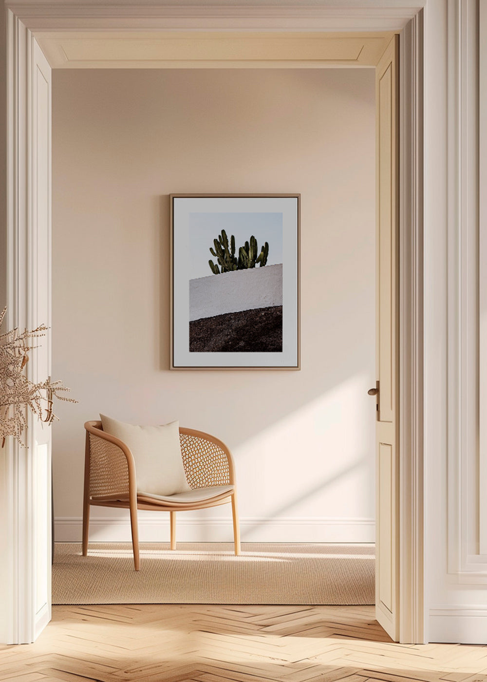 Botanisk plakat lodret med kaktus mod væg