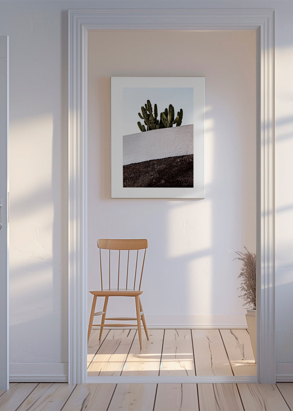 Botanisk plakat lodret med kaktus mod væg