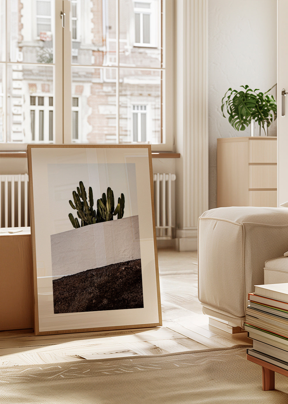 Botanisk plakat lodret med kaktus mod væg