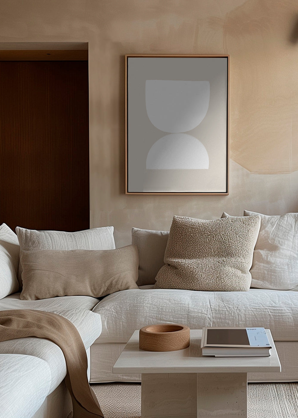 Minimalistisk plakat to hvide former på beige baggrund