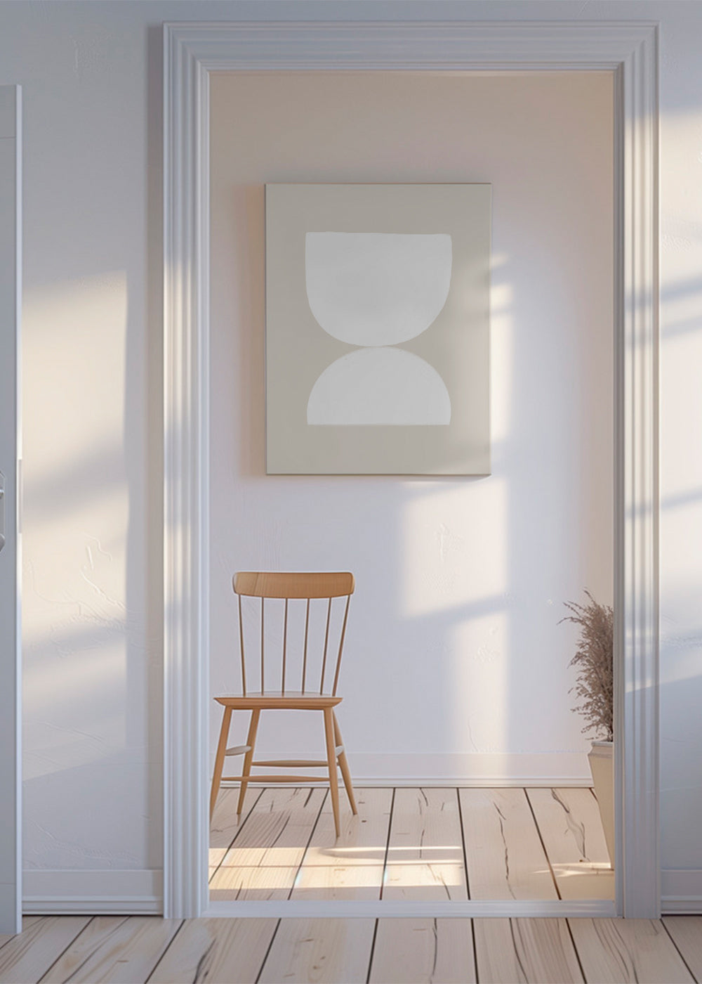 Minimalistisk plakat to hvide former på beige baggrund