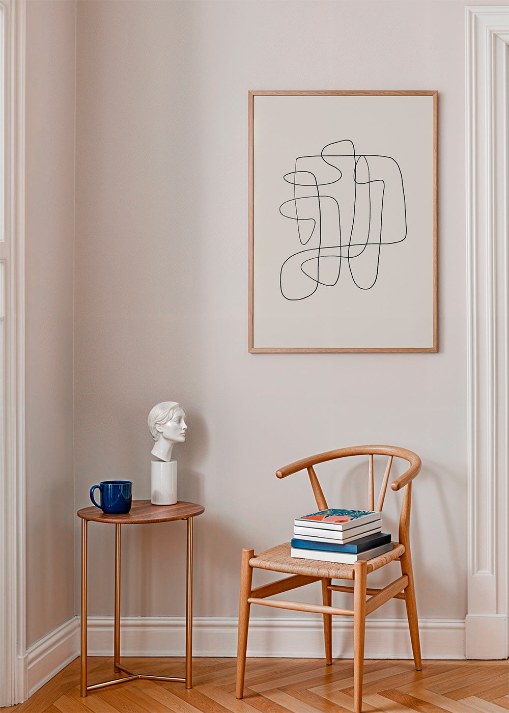 Minimalistisk design med sammenhængende linje på beige baggrund
