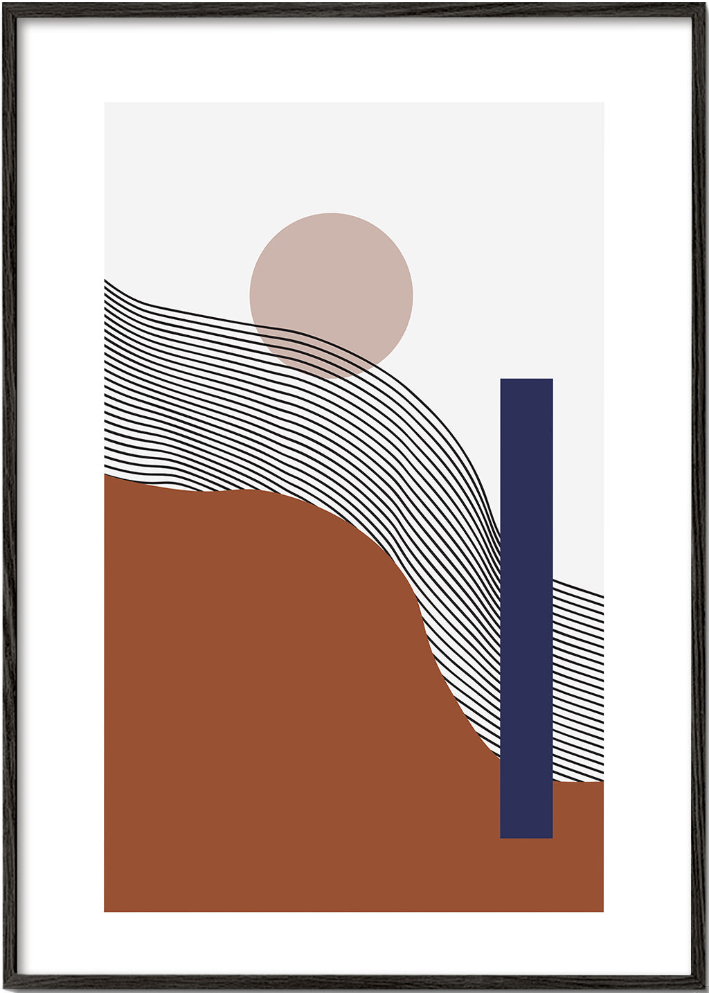 Geometrisk plakat med bølgende linjer og blå blok