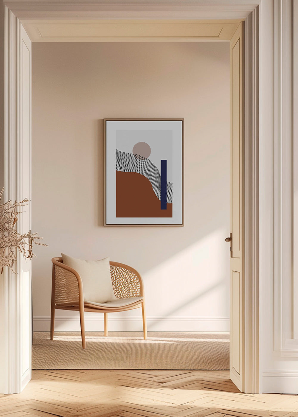 Geometrisk plakat med bølgende linjer og blå blok