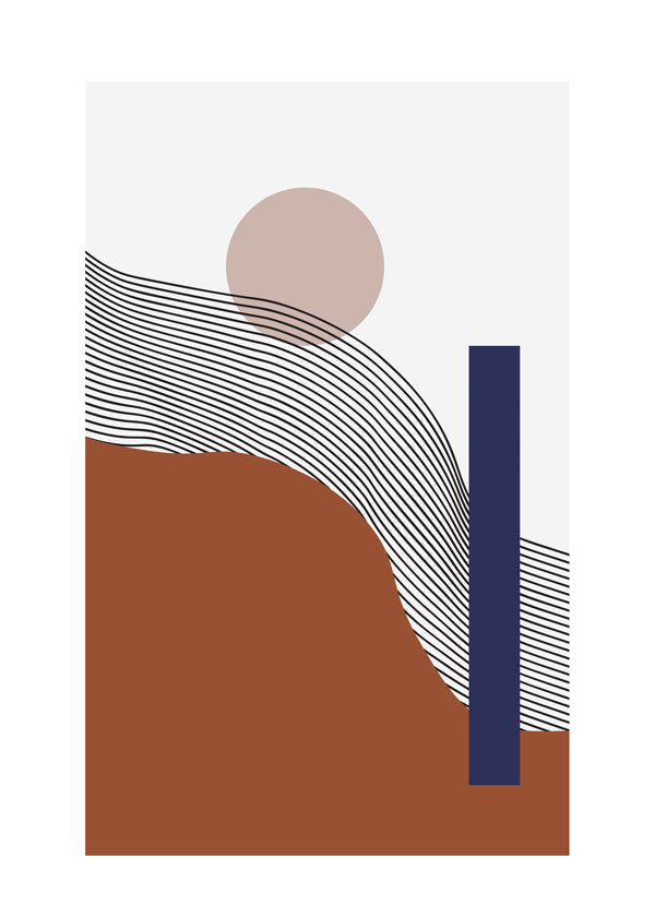Geometrisk plakat med bølgende linjer og blå blok