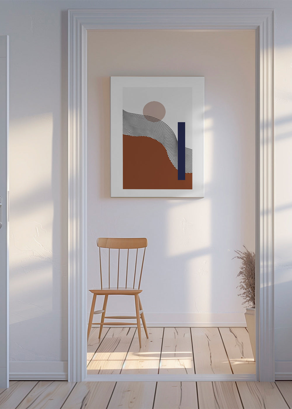 Geometrisk plakat med bølgende linjer og blå blok