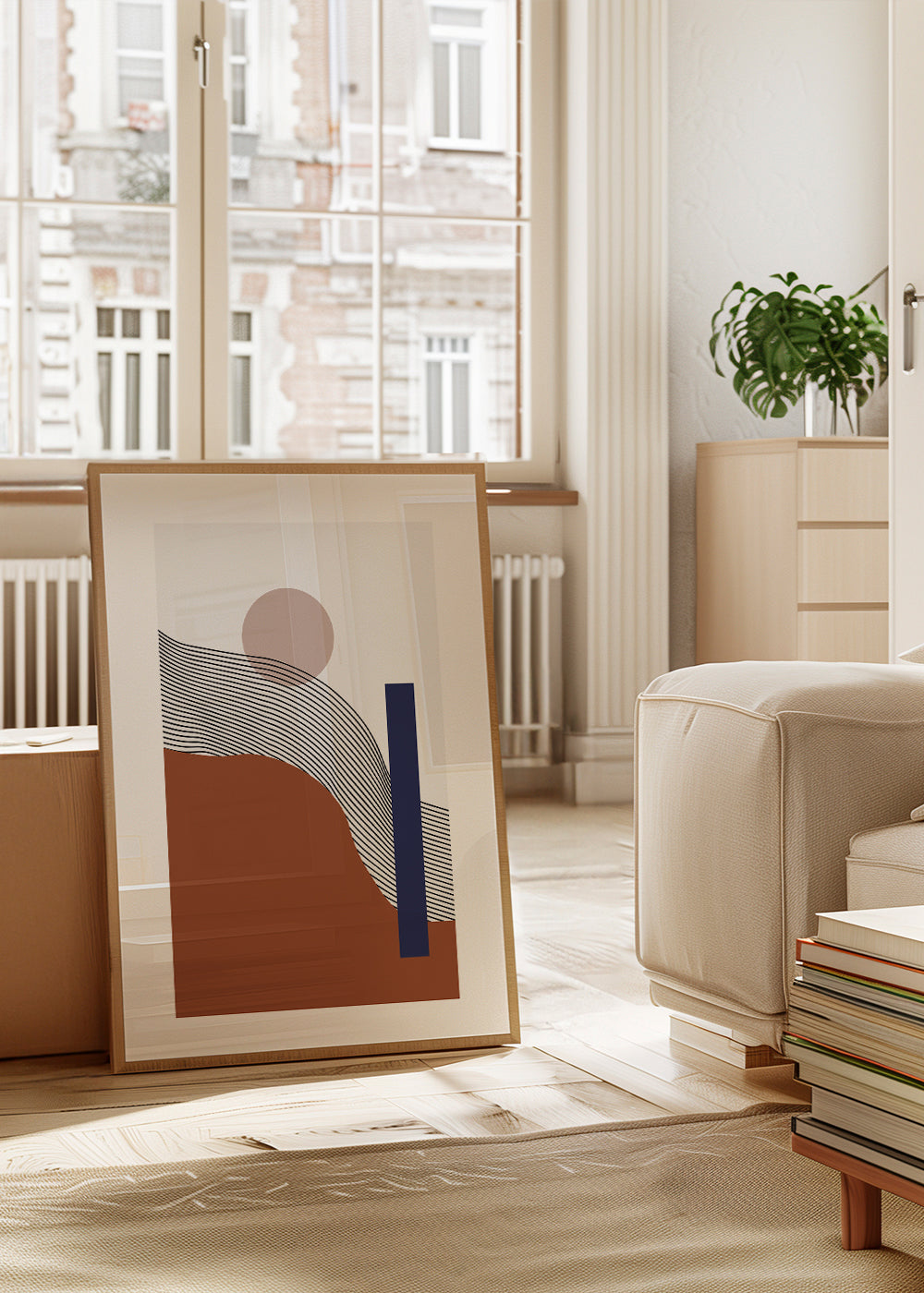 Geometrisk plakat med bølgende linjer og blå blok