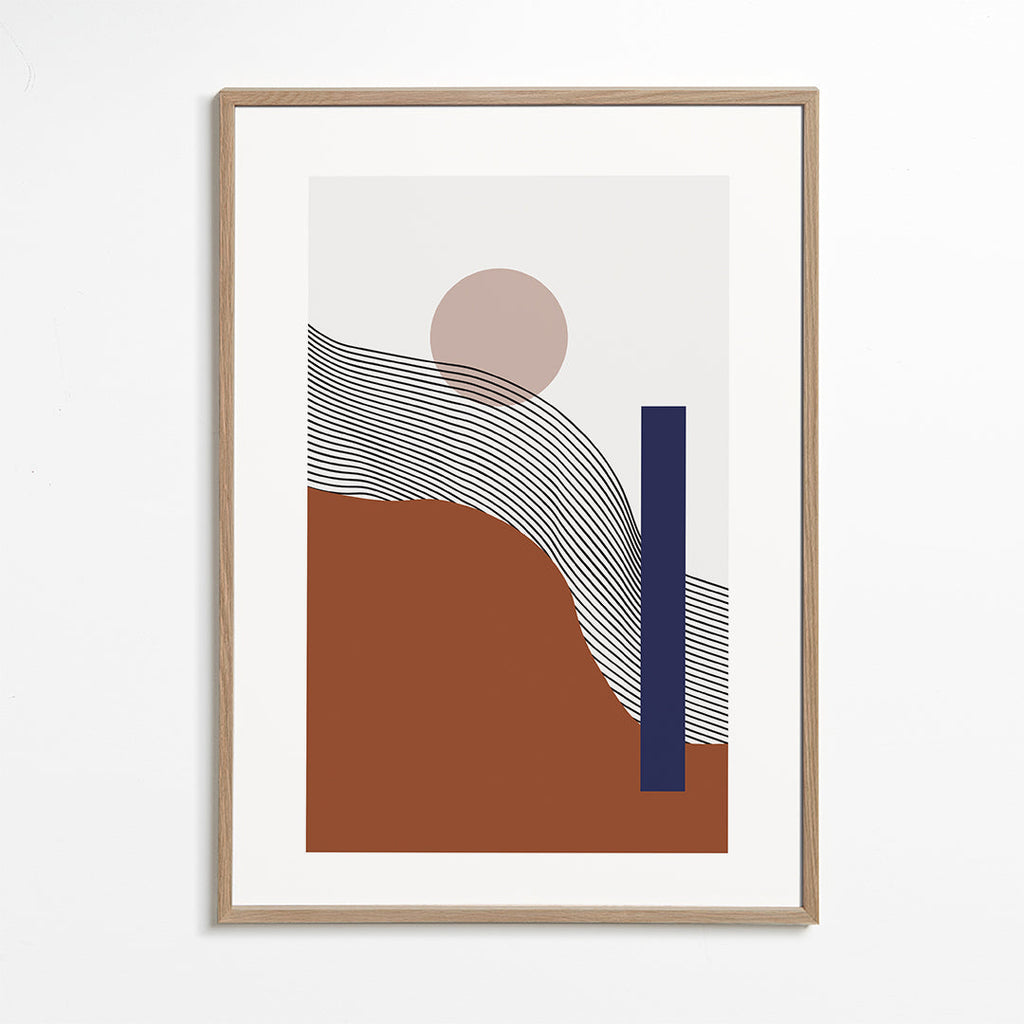 Geometrisk plakat med bølgende linjer og blå blok