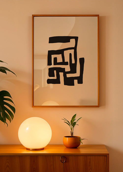 Abstrakt maleri sort på beige baggrund