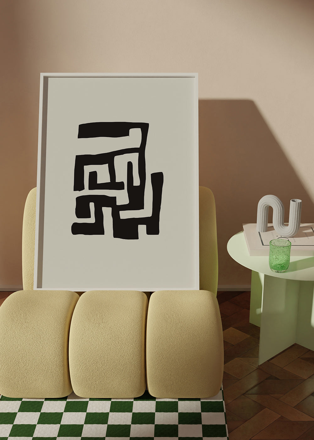 Abstrakt maleri sort på beige baggrund