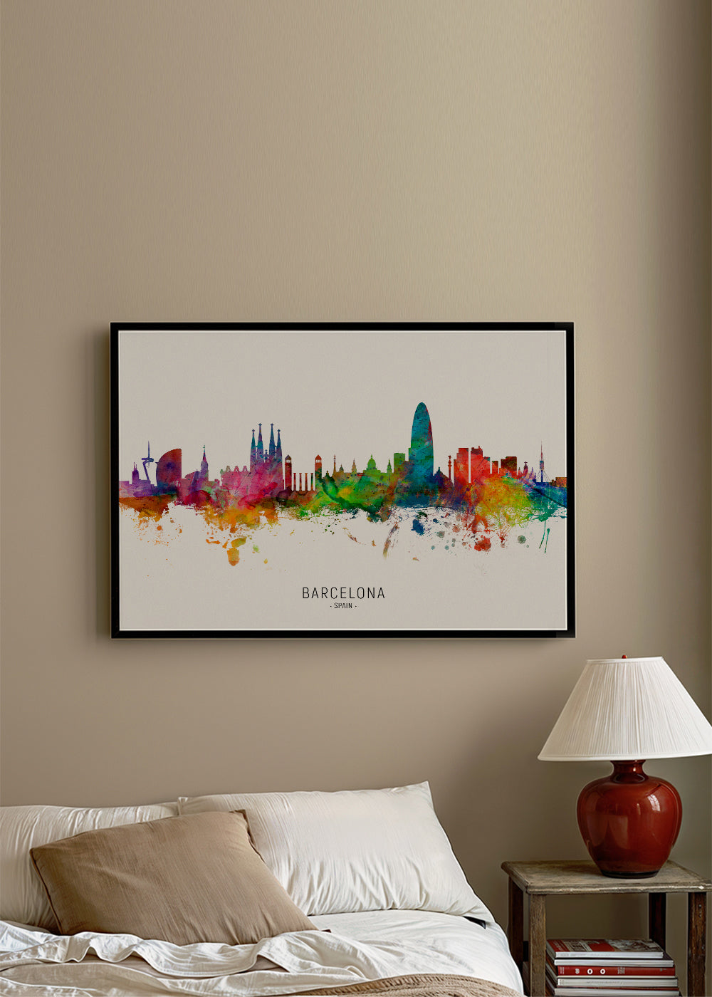 Køkkenkunst: Barcelona skyline akvarel