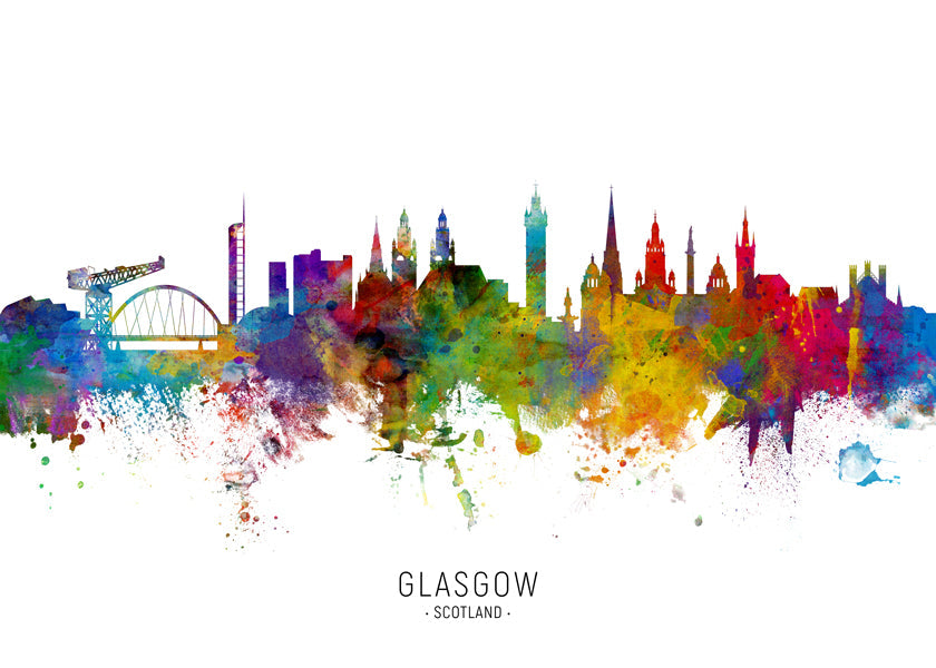 Rejseplakat Glasgow skyline akvarel